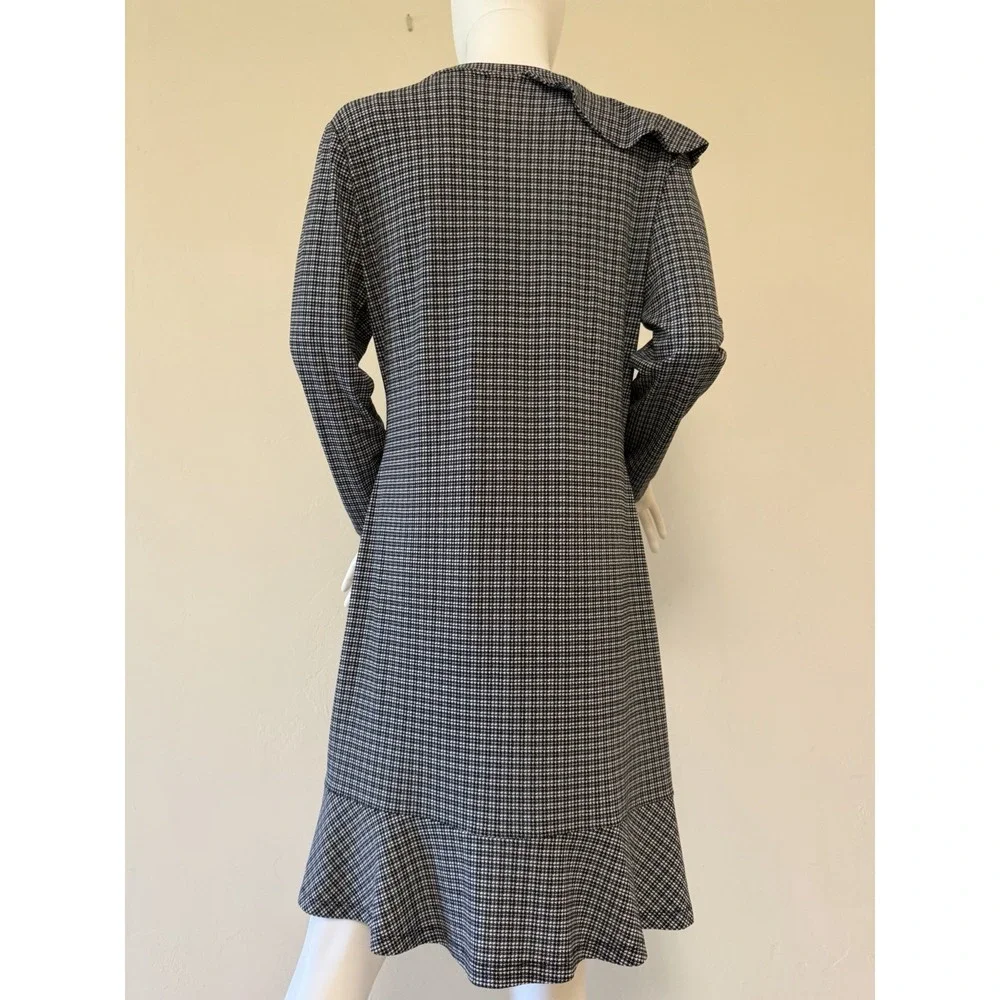 Michael Kors Houndstooth Ruffle Knit A-Line Dress Black White Long‎ Sleeve L